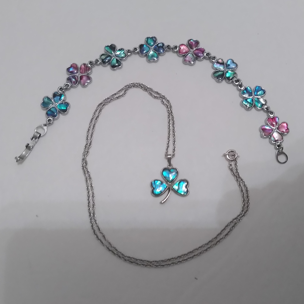 Necklace and bracelet clover set abalone